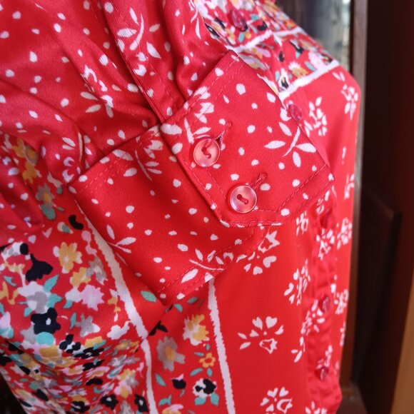 13/14 Large Groovy Vintage Red Floral Disco Top Tami Button-Up 1970's Hippy Boho - Picture 6 of 7